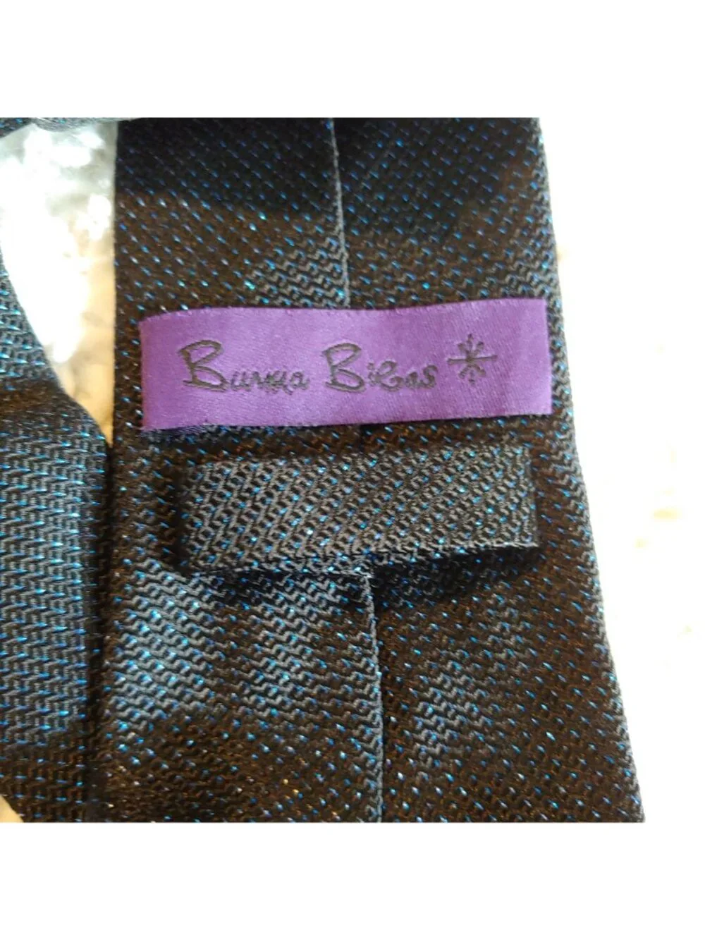 Burma Bibas Black Silk Blue Metallic Lurex Textured Woven Neck Tie Cocktail